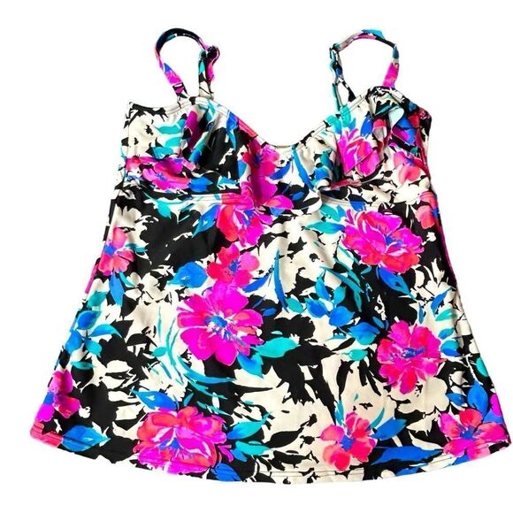 Island Escape Tankini Top Womens Size 16 Colorful Floral Print Ruffle Swim - Picture 1 of 6